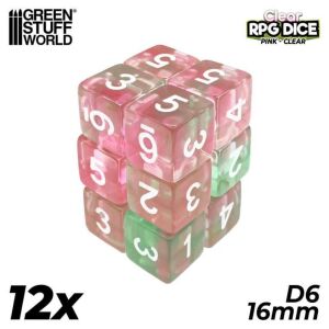 12x D6 16mm Dice - Clear Pink